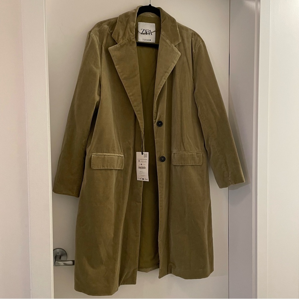 NWT Zara Light Khaki Velvet Long Coat - Size M